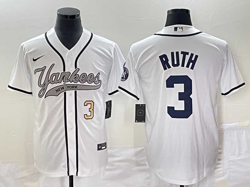 Mens New York Yankees #3 Babe Ruth Number White With Patch Cool Base Stitched Baseball Jersey